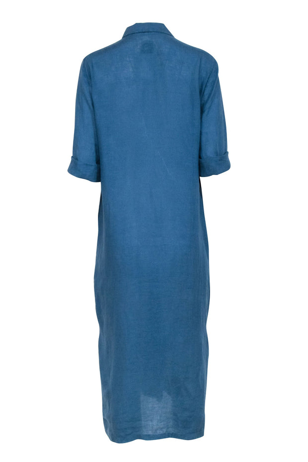 120% Lino - Blue Button Front Crop Sleeve Shirt Dress Sz 6 120% Lino - Blue Button Front Crop Sleeve Shirt Dress Sz 6