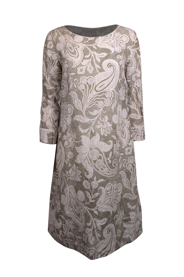 120% Lino - Olive & Beige Paisley Print Linen Dress Sz 8 120% Lino - Olive & Beige Paisley Print Linen Dress Sz 8