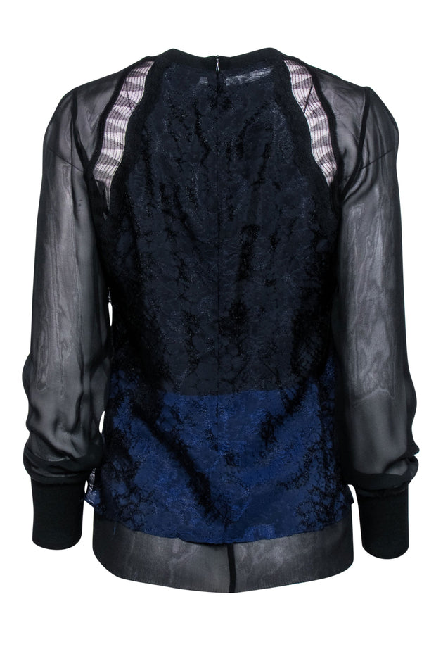 Current Boutique-3.1 Philip Lim - Navy & Black Lace Long Sleeve Top Sz 8