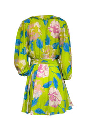 Current Boutique-A Peace Treaty - Green & Multi Color Floral V-Neckline Linen Blend Dress Sz M