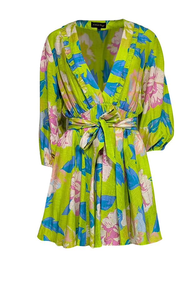 Current Boutique-A Peace Treaty - Green & Multi Color Floral V-Neckline Linen Blend Dress Sz M