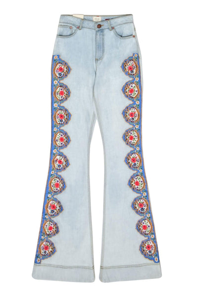 Current Boutique-AO L.A. - Light Blue Wash Denim Flared Jeans w/ Embroidered Trim Sz 2