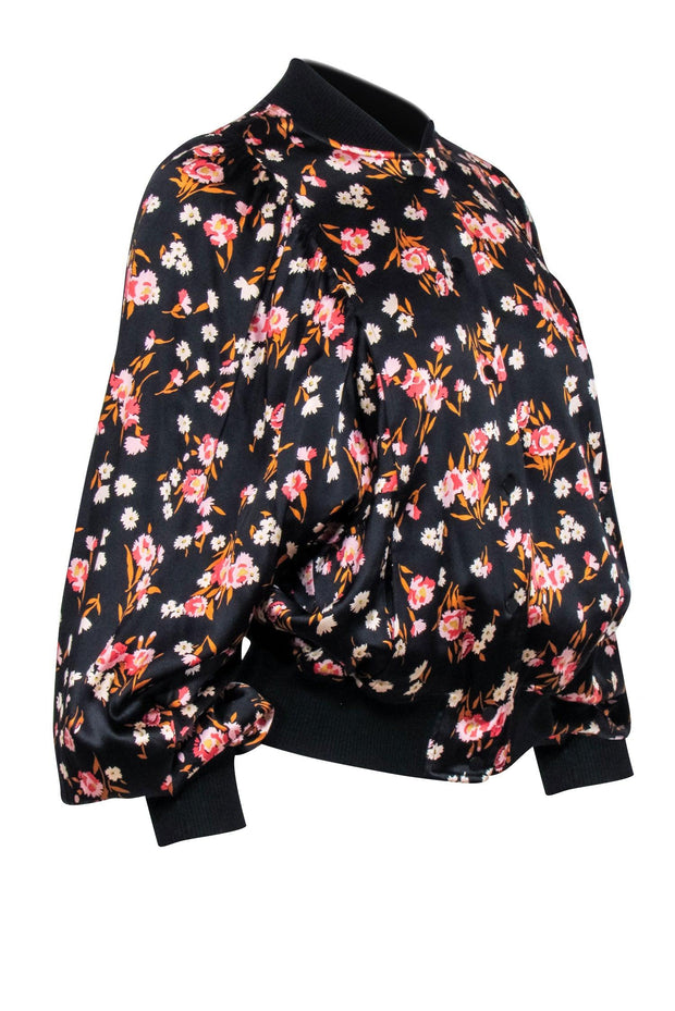 Current Boutique-A.L.C. - Black w/ Pink Floral Print Silk Blend Bomber jacket Sz XS