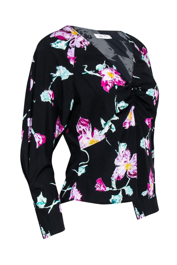 Current Boutique-A.L.C. - Black w/ Purple & Green Abstract Floral Print Stretch Silk Blouse Sz 4