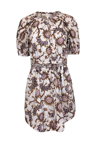 Current Boutique-A.L.C. - Off-White w/ Yellow & Purple Sunflower Print Puff Sleeve Dress Sz 2