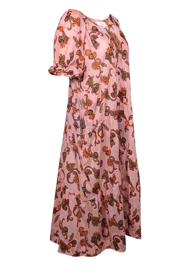 Current Boutique-A.L.C. - Pink & Orange Paisley Print Cotton Tiered Midi Dress Sz 10