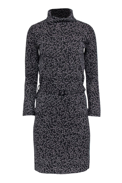 Current Boutique-A.P.C. - Black Printed Turtleneck A-line Mini Dress w/ Fabric Belt Sz S