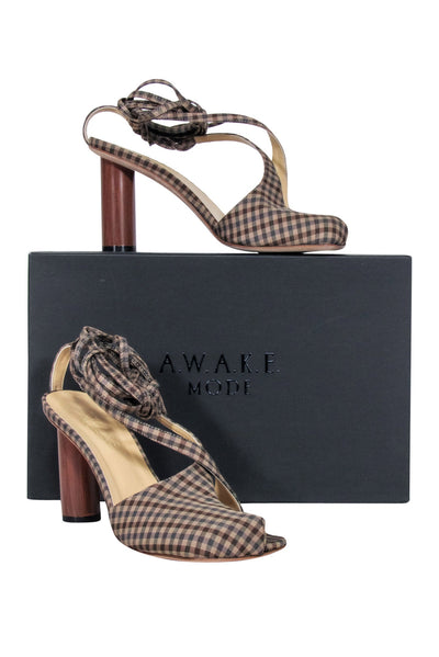 Current Boutique-A.W.A.K.E. Mode - Brown & Beige Gingham Asymmetric Open-Toe Heels Sz 8