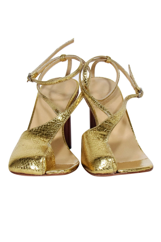 Current Boutique-A.W.A.K.E. Mode - Gold Crinkled Foil Asymmetric Open-Toe Heels Sz 8