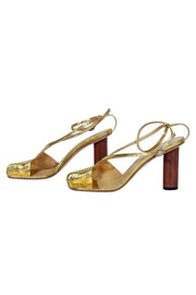 Current Boutique-A.W.A.K.E. Mode - Gold Crinkled Foil Asymmetric Open-Toe Heels Sz 8