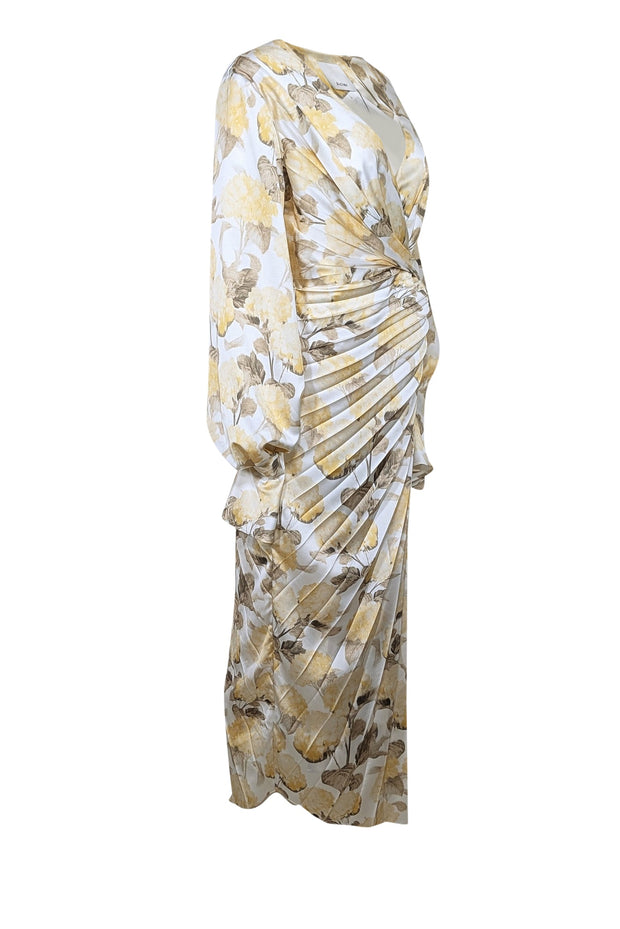 Current Boutique-Acler - White w/ Yellow & Olive Hydrangea Print Pleated Satin Dress Sz 8
