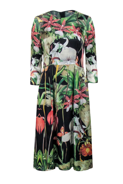 Current Boutique-Adam Lippes - Green, Black, & Multi Color Tropical Floral Print Dress Sz 4