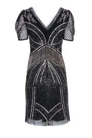 Current Boutique-Adrianna Papell - Black & Silver Beaded Mini Dress Sz 10
