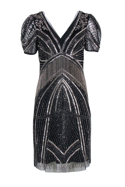 Current Boutique-Adrianna Papell - Black & Silver Beaded Mini Dress Sz 10
