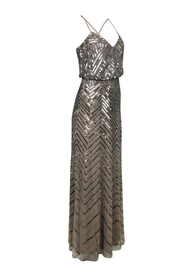 Current Boutique-Adrianna Papell - Champagne Gold Beaded & Sequin Formal Dress Sz 4