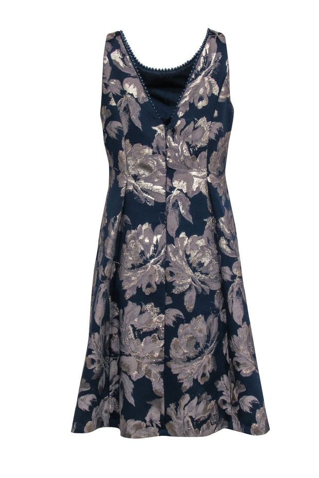 Current Boutique-Adrianna Papell - Navy & Gold Floral Print Dress w/ Beaded Neckline Sz 12