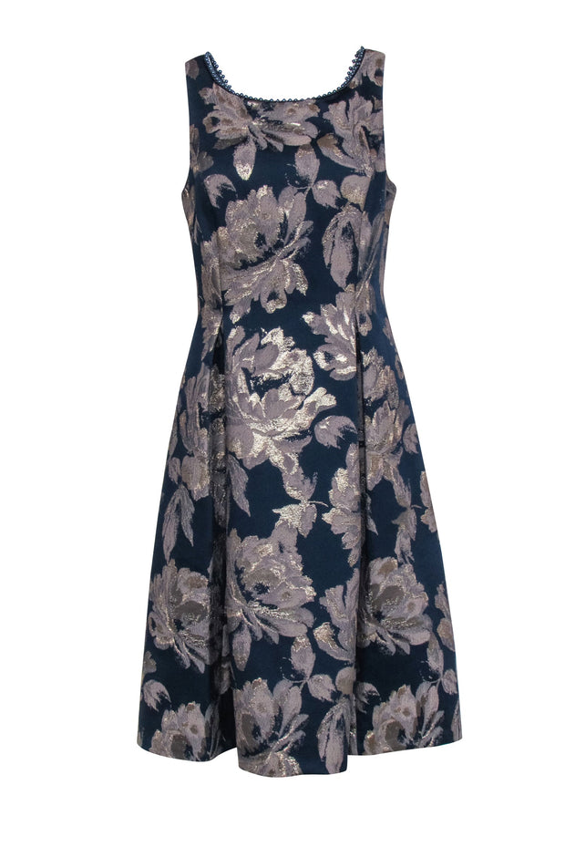 Current Boutique-Adrianna Papell - Navy & Gold Floral Print Dress w/ Beaded Neckline Sz 12