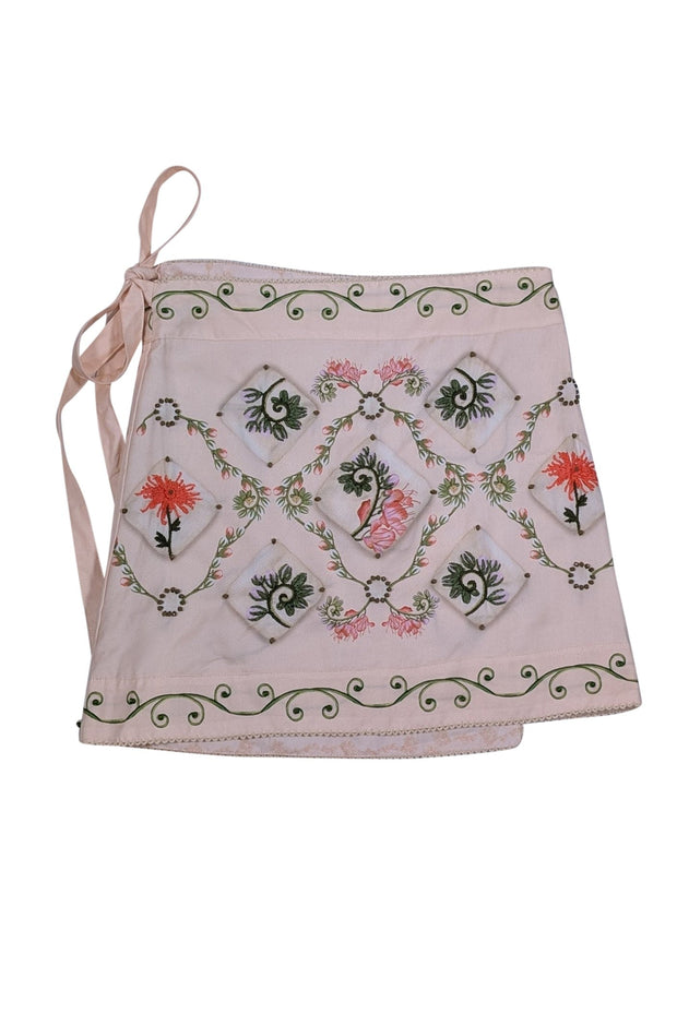 Current Boutique-Agua by Agua Bendita - Cream w/ Pink & Green Floral Print Beaded Mini Skirt Sz S