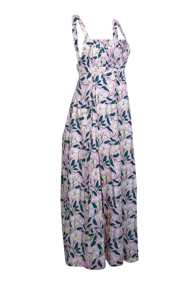 Current Boutique-Agua by Agua Bendita - Pink w/ Green & Yellow Floral Print Pleated Midi Dress Sz L