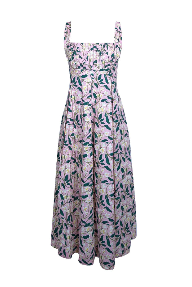 Current Boutique-Agua by Agua Bendita - Pink w/ Green & Yellow Floral Print Pleated Midi Dress Sz L