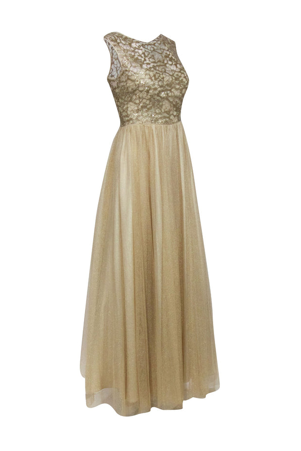 Current Boutique-Aidan Mattox - Gold Lace Bodice w/ Tulle Long Bottom Formal Dress Sz 2