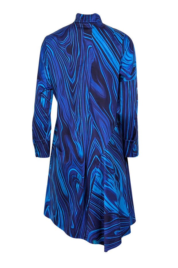 Current Boutique-Akris Punto - Blue Swirl Print Mandarin Collar Long Sleeve Dress Sz 6