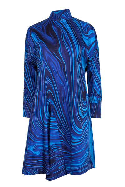 Current Boutique-Akris Punto - Blue Swirl Print Mandarin Collar Long Sleeve Dress Sz 6