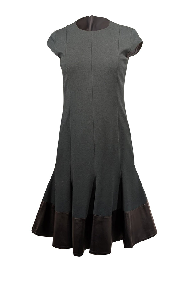 Current Boutique-Akris Punto - Dark Green Shift Dress w/ Ruffled Faux Leather Trim Sz 6