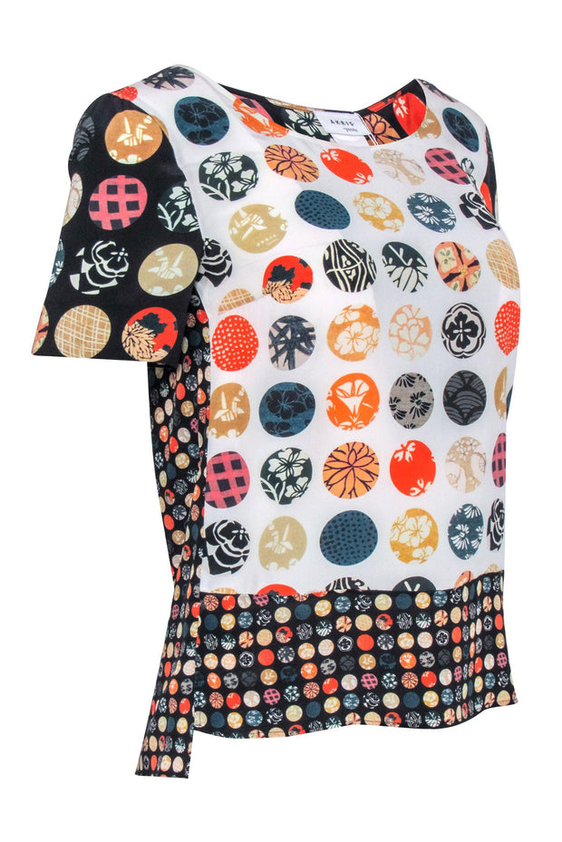 Current Boutique-Akris Punto - Ivory, Black, & Multi Color Print Short Sleeve Silk Top Sz 4