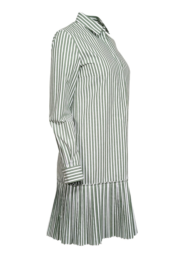 Current Boutique-Akris Punto - Olive Green & White Striped Shirtdress w/ Pleated Hem Sz 6