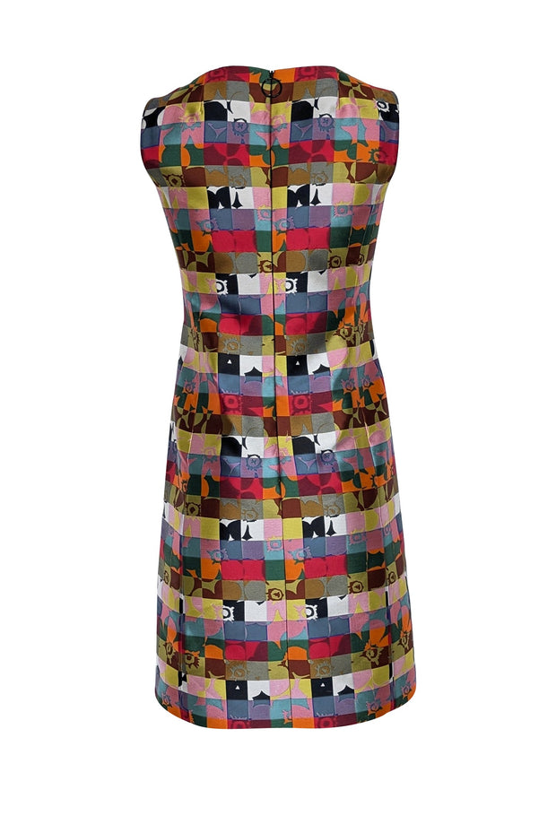 Current Boutique-Akris Punto - Red & Multicolor Abstract Checkered Print Sleeveless Sheath Dress Sz 6