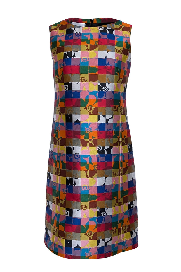 Current Boutique-Akris Punto - Red & Multicolor Abstract Checkered Print Sleeveless Sheath Dress Sz 6