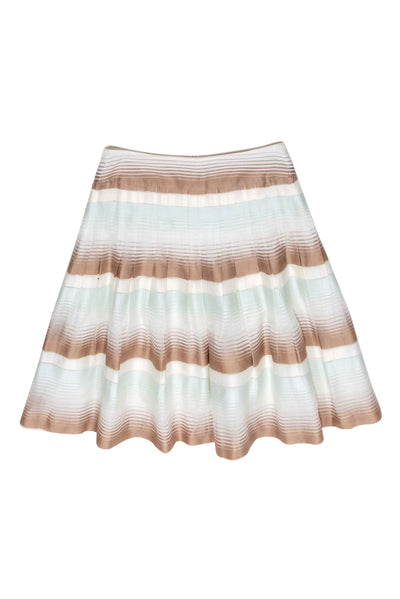 Current Boutique-Akris Punto - Tan & Blue Striped Pleated Skirt Sz 8