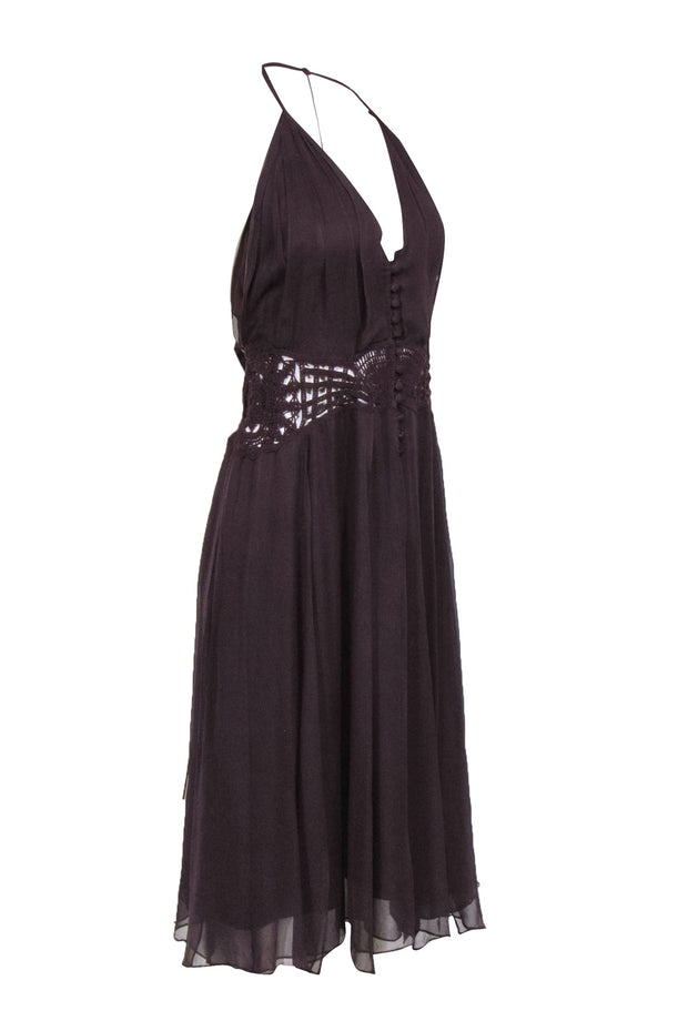Current Boutique-Alberta Ferretti - Brown Silk Crochet Middle Waist Dress Sz 10