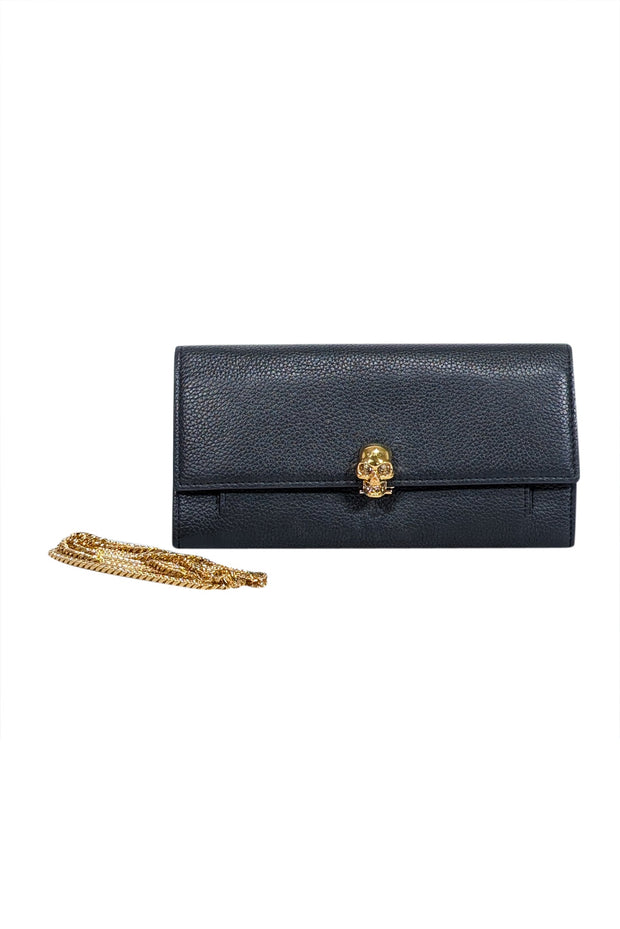 Current Boutique-Alexander McQueen - Black Leather Clutch w/ Gold Skull Closure