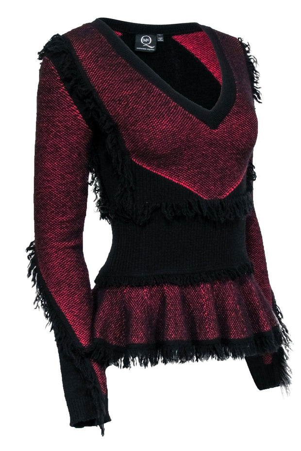 Current Boutique-Alexander McQueen - Black & Red Fringe Peplum Sweater Sz S