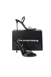 Current Boutique-Alexander Wang - Black Studded Trim "Nova" Logo Elastic Open Toe Pumps Sz 9