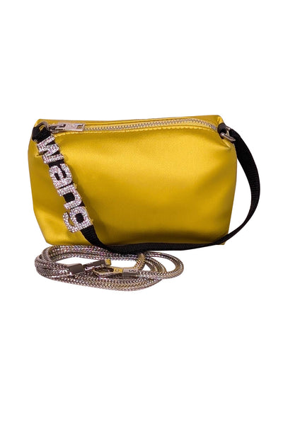 Current Boutique-Alexander Wang -Yellow Satin Mini Bag w/ Rhinestone Lettering