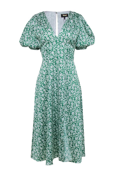 Current Boutique-Alexia Admor - Green & White Floral Puff Sleeve Slit Front Maxi Dress Sz 8