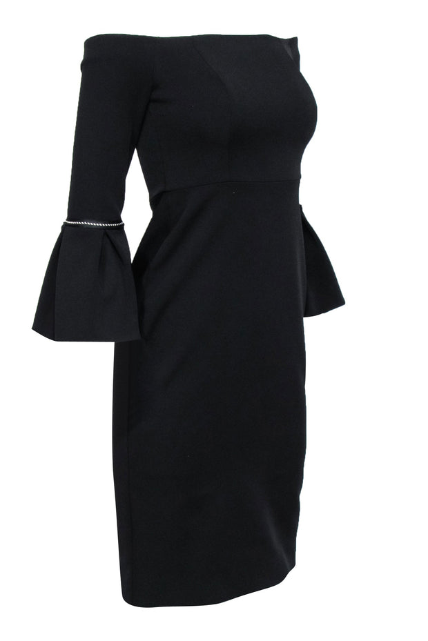 Current Boutique-Alexis - Black Off The Shoulder Dress w/ Bell Sleeves & Fabric Trim Sz S