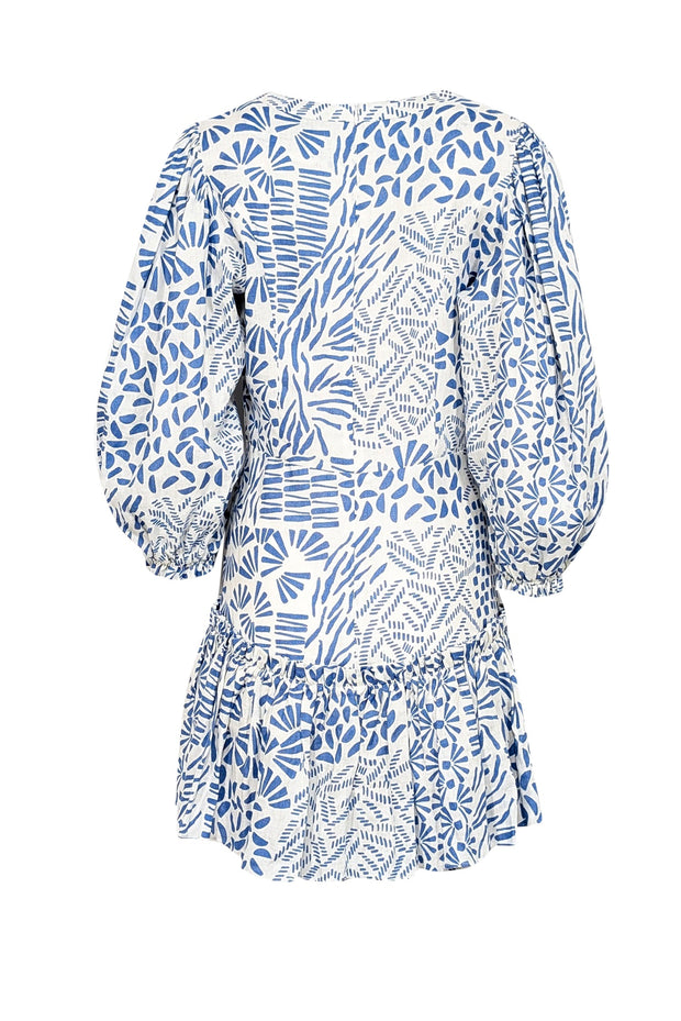 Current Boutique-Alexis - Off-White & Blue Abstract Print Linen Mini Dress Sz L
