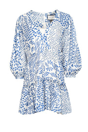Current Boutique-Alexis - Off-White & Blue Abstract Print Linen Mini Dress Sz L