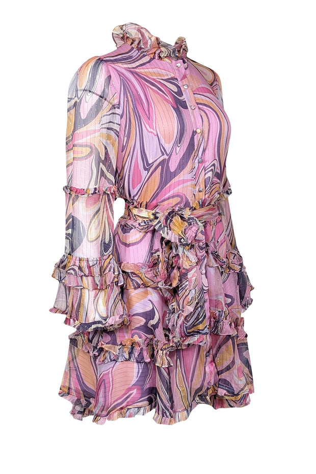 Current Boutique-Alexis - Pink & Purple Paris Ruffled Silk Blend Mini Dress Sz M