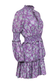 Current Boutique-Alexis - Purple w/ Beige & Slate Floral Print Smocked Jacquard Dress Sz M