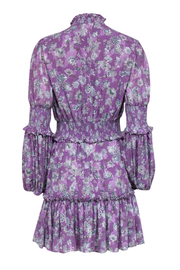 Current Boutique-Alexis - Purple w/ Beige & Slate Floral Print Smocked Jacquard Dress Sz M