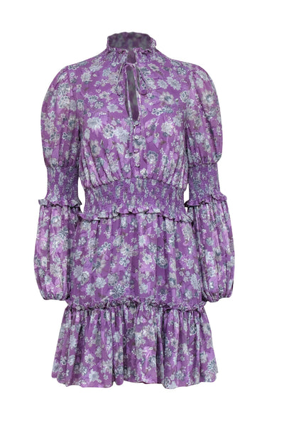 Alexis - Purple w/ Beige & Slate Floral Print Smocked Jacquard Dress Sz M