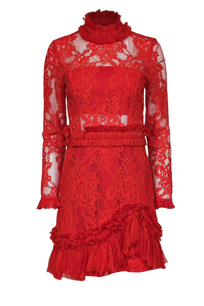 Current Boutique-Alexis - Red Lace w/ Silk Ruffle Trim Dress Sz L