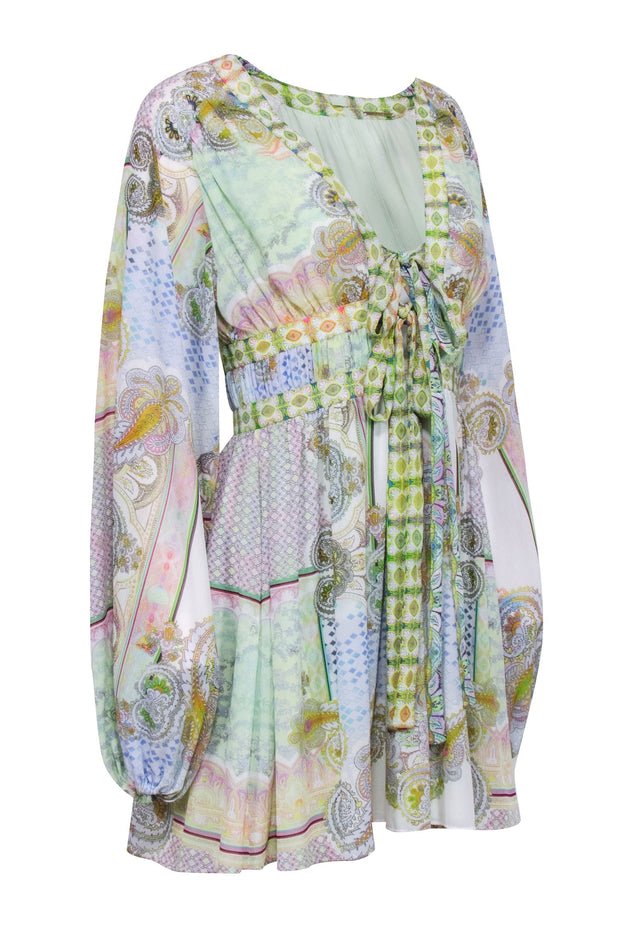 Current Boutique-Alexis - Sage Multicolor Paisley Print Tie Front Mini Dress Sz S