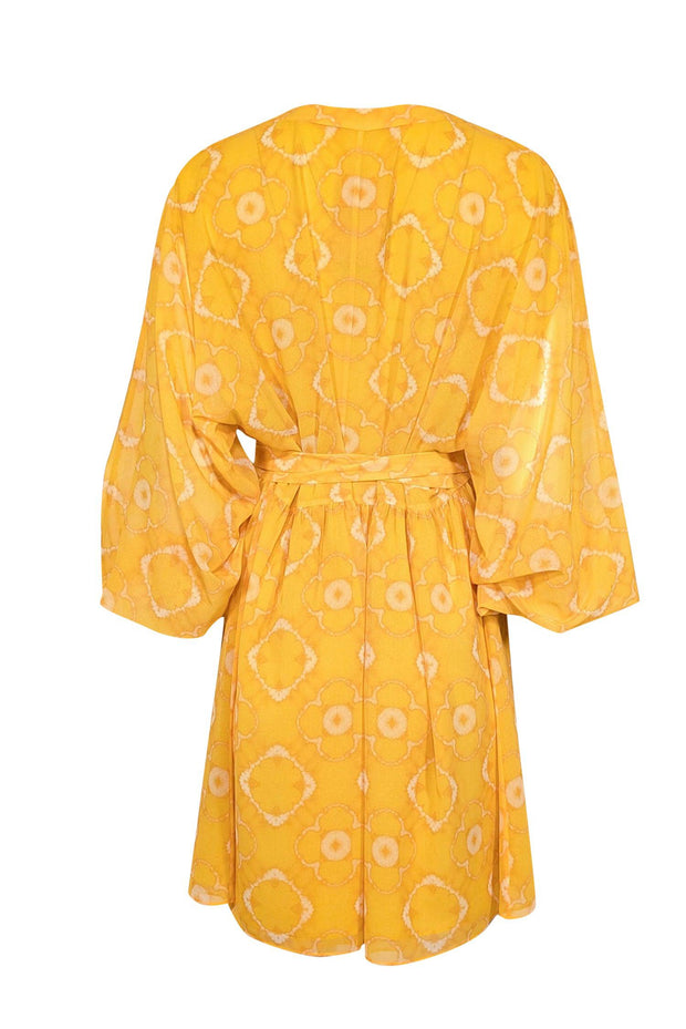 Current Boutique-Alexis - Yellow Tie Dye Print Chiffon Dress w/ Tassel Tie Sz L