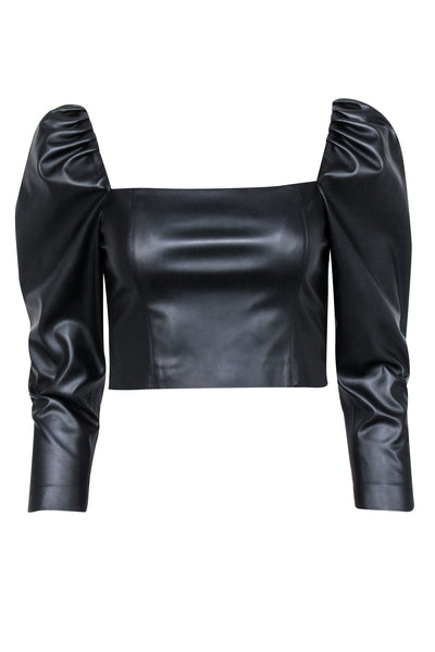 Alice & Olivia - Black Faux Leather Cropped Puff Sleeve Top Sz 4